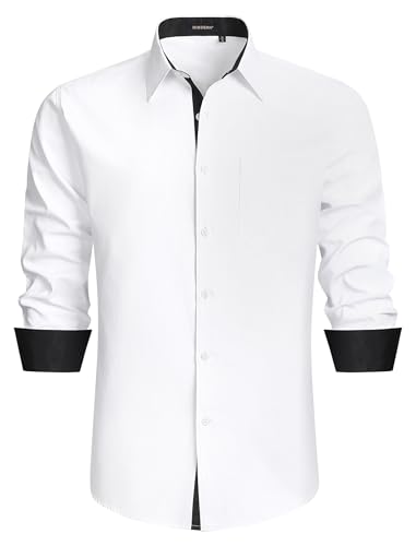 HISDERN Camisas Manga Larga Hombre Formal Casual Blanco Regular con Botones Antiarrugas Camisas Hombre Traje de Vestir Negocios L