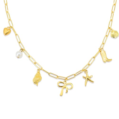 Gold Plated Paperclip Chain Beach Charm Necklace for Women Cute Shell Bow Dainty Beachy Starfish Pearl Seashell Strawberry Fruit Heart Mermaid Summer Jewelry Gift