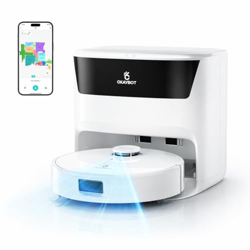 OKAYBOT V3 Robot Aspirapolvere Lavapavimenti 8000Pa, Antigroviglio, Panno Sollevabile, Autopulizia & Asciugatura ad Aria Calda, Navigazione LiDAR-DTOF, Ideale per Peli di Animali e Tappeti