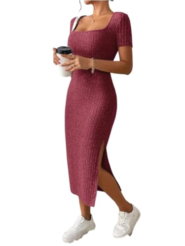 Umstandskleider Square Neck Side Knit Solid Color Kleidung Schwangere Frauen Kurzarmkleid(Red,M)