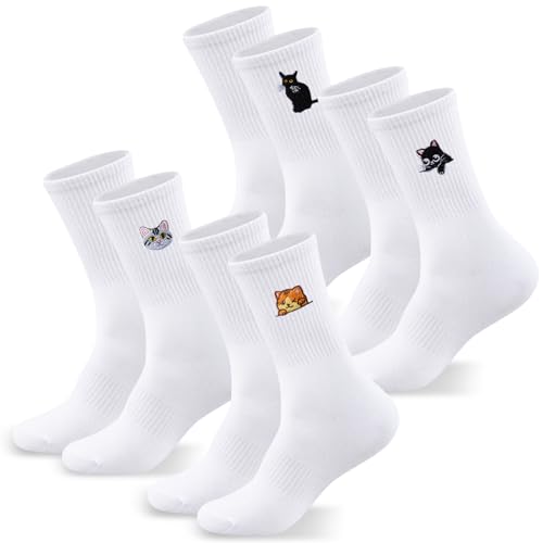Jadive 4 Paar Dackel Socken Bier Pizza Burger Fahrrad Katze Pferde Geschenke Damen Herren Baumwolle Bestickte Tennissocken Motiv für Dackelliebhaber(Katze 36-42)