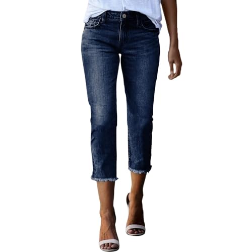 Women's High Waisted Denim Capris Stretchy Straight Leg Cropped Jeans with Raw Hem Casual Pants 7