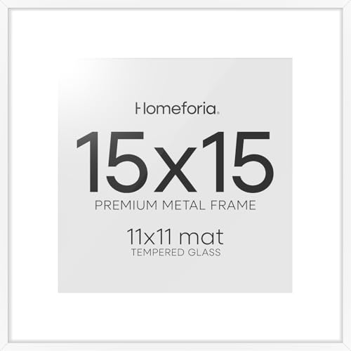 Image of Homeforia 15x15 Picture Frame White, High End Metal 15 x 15 Square Poster Frames with Mat 11 x 11 Photo, 15x15 White Frame Matted to 11x11 Print, 15by15 Thin Frames, Tempered Glass, Wall Kit, Set of 1