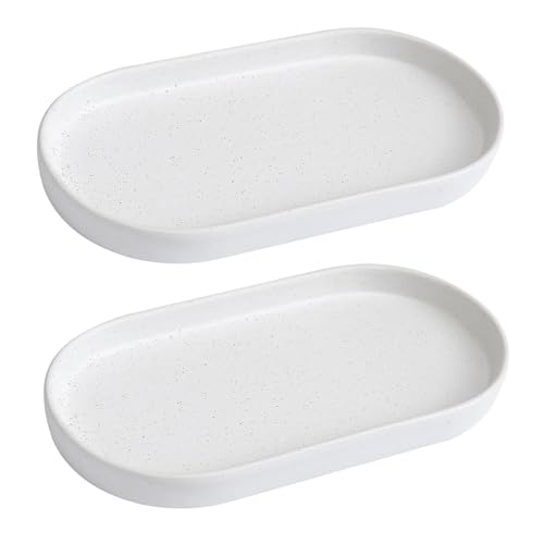 2 Pack Speckled White Round Soap Dispenser Tray - 8'' Ceramic Vanity Tray & Organizer Plate Set, Bathroom & Kitchen Countertop Decor for Soap Dispenser, Jewelry, Cosmetics, Sink