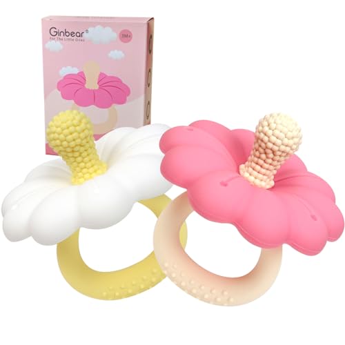 Image of Ginbear Silicone Baby Teether for Girls, BPA Free Food Grade Infant Teething Toys, Soothing Baby Chew Toys, Sensory Teething Pain Relief Pacifier 3 Months + (Set of 2)