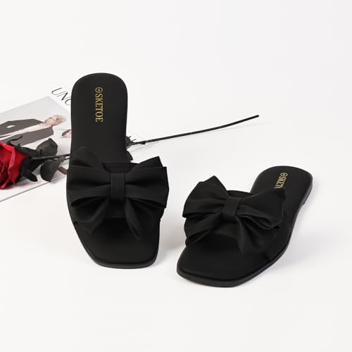 Image of Women's Bow Flat Sandals Open Saquare Toe Comfortable Slide for Wedding Beach Vacation