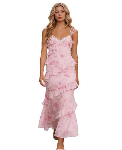 Image of SOOKABEILA Women Y2k Boho Maxi Dress Floral Lace Sheer Tiered Flowy Cami Long Dress 2025 Summer Smocked Beach Sundress