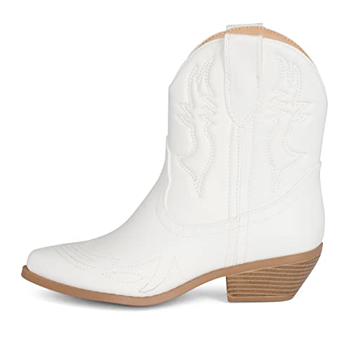 BUCK Women's Western Cowboy Ankle Boots – Pointed Toe, Low Stacked Heel, Slip-On, Stitched Design, Synthetic PU, Comfortable Cowgirl Booties for Western Fashion/Outdoor Wear