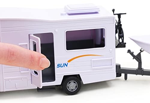Toyland® Wohnmobilanhänger & Yellow Speedboat Play Toys - Fahrzeugspielzeug im Maßstab 1:48 (Weiß)
