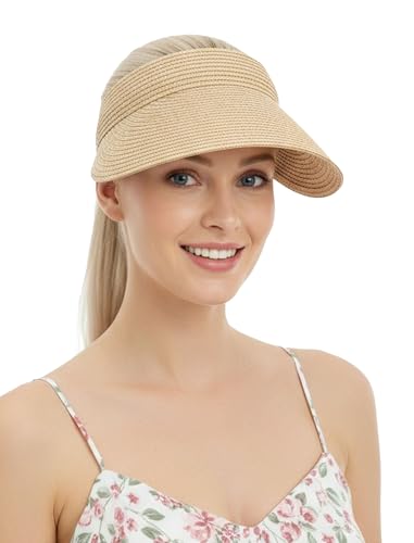 CHUNG Women Visor Sun Hat Paper Straw Wide Brim Adjutable Ponytail Packable Beach Holiday Summer Travel Visor Beige