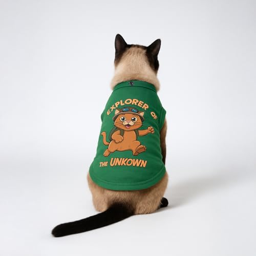 Image of Thunder Tails Printed Cat T-Shirt for Small to Large Cats & Kittens | Lightweight Breathable Cotton Pet Apparel | Cute & Stylish, Comfortable Round Neck Cat Clothes (S, Green)