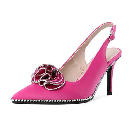 Eldof Women Slingback Heels Beaded Rhinestone Pointed Toe Flower Bow High Heel Pumps Shoes 3.5 Inches