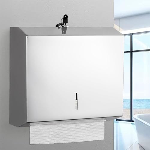 NICEME Dispensador De Papel Toalla, Acero Inoxidable Dispensador Toallas Secamanos, Dispensador Papel Secamanos Montado en Pared, con Efecto Espejo, Diseño de Bloqueo, Acomodar 250-400 Hojas