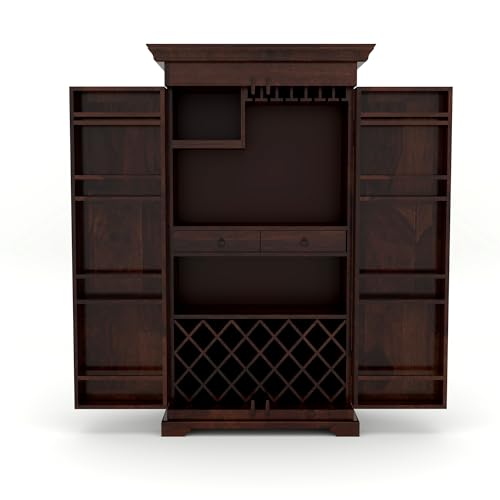Image of Sheesham Solid Wood New Pre-Assemble Wooden Stylish Bar Cabinet /Wine Rack /Beer Bar /with Wine Glass Storage (Dark Brown)