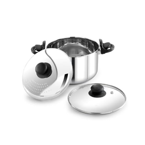 Image of Praylady 3.0L Stainless Steel Strainer Pot with Glass Lid (20 CM) - Induction Base Multi-Purpose Cooking Pot for Rice, Vegetables, Noodles & Pasta Pot - Anti-Locking, Dishwasher Safe.