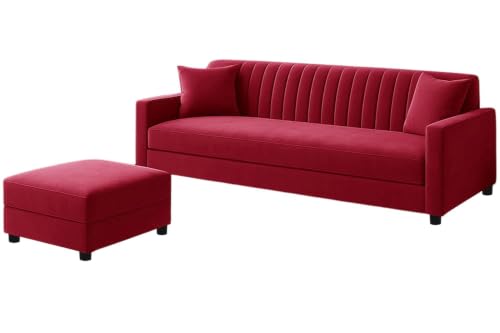 Image of Modern 3-Seater Wooden Sofa Set with Ottoman, Soft Velvet Upholstery, Comfortable Couch for Living Room, Office & Apartment - Red Color