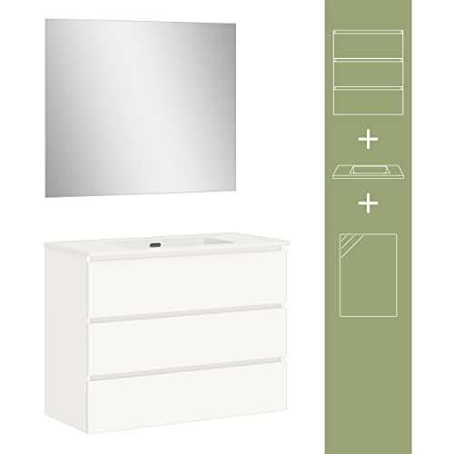 Baikal | Conjunto Completo de Mueble de Baño Suspendido a la Pared con Lavabo Cerámico y Espejo | Tres Cajones, Cierre Amortiguado, Melamina 16mm | Mueble MONTADO | Blanco Mate | 100cm - imagen 3