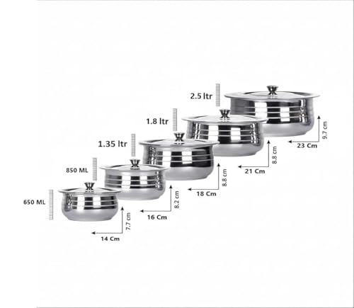 Image of KC Stainless Steel Cook and Serve Handi Set with Lids | Casserole Set| 5 Piece with Cover
