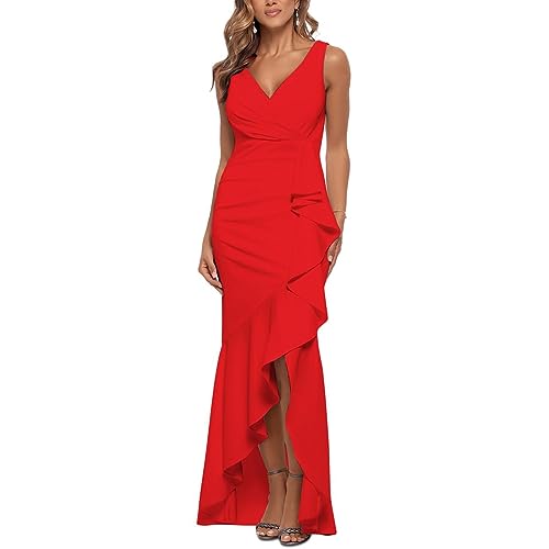 Image of Betsy & Adam Women's V-Neck Hi Low Sleeveless Floor Length Cascade Dress with Draped Ruffle, Regular & Plus Size