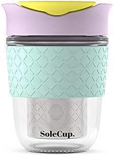 SoleCup Travel Mug Loose Tea Infuser - Detachable Tea Strainer with Spillproof Lid - BPA-Free Reusable Glass Travel Coffee Cup with Silicone Band (Black)