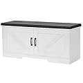 HOMSHO 2-Tier Storage Bench, Shoe Bench with Padded Seat Cushion, Entryway Bench with 2 Barn Doors, Adjustable Shelf, 13.8" D x 39.4" W x 17.7" H, for Entryway, Living Room, Bedroom, White