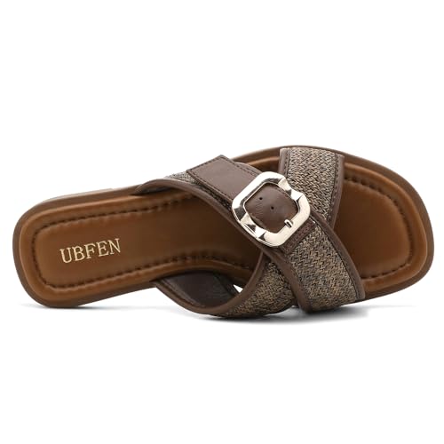 Image of UBFEN Womens Square Toe Flat Sandals Slides Dressy Comfortable for Beach