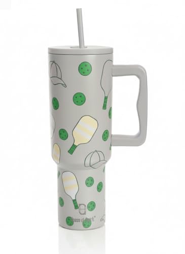Image of House of Quirk 1200ML Stainless Steel Tumbler with Handle & Lid, 2 Straws - Large Travel Mug Water Cup for Gym, Office & Outdoor Use (Pickleball)