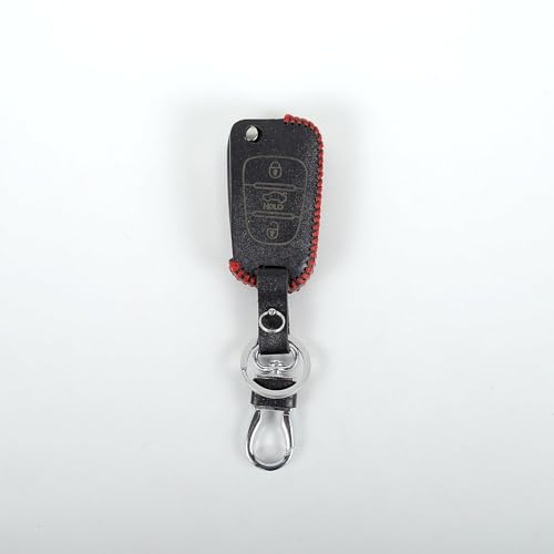 Image of Leather Smart Car Key Cover Case with Metal Hook Keychain for i Old I 20, Old Verna, Old Elentra (Black)