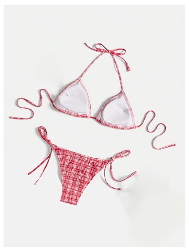 MakeMeChic Women's 2 Piece Bikini Sets Gingham Print Plaid Halter Triangle Tie Side Swimsuit Bathing Suit2