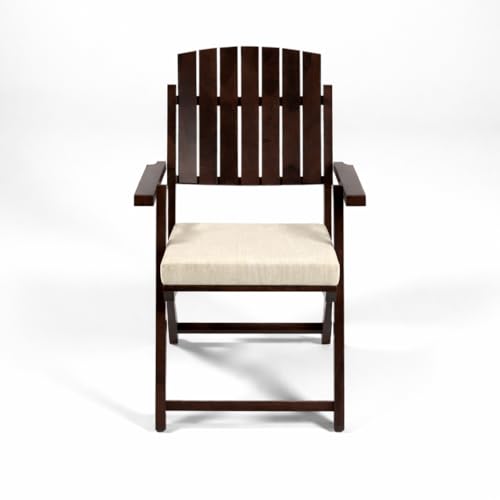 Image of WELL KNOWN Set of 2 Wooden Folding Chairs with Cushion Seat & Armrests | Walnut Finish Solid Wood Patio, Balcony & Garden Chairs | Space Saving Indoor Outdoor Furniture (Cream Cushion)