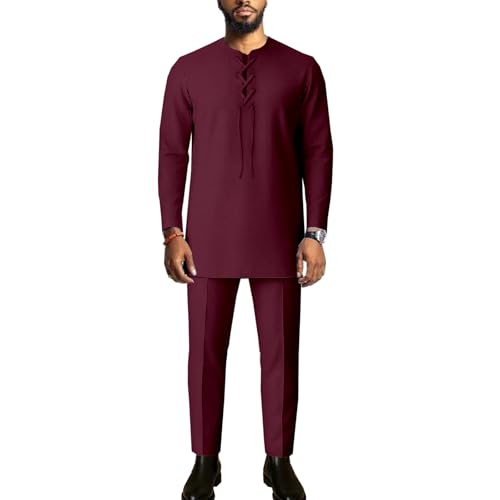 African Suit for Men Dashiki Slim Fit Long Sleeve Shirt Pants 2 Piece Set Outfits Fashion Casual Clothing Attire