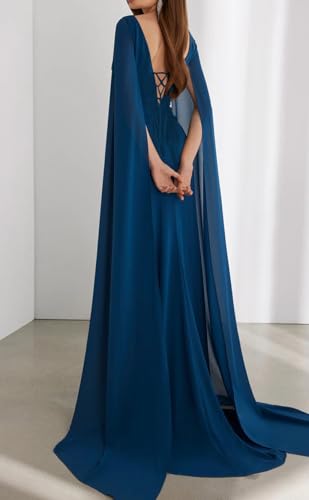 Women’s Chiffon Formal Dresses with Cape 2025 Slit Backless Maxi Bridesmaid Dresses with Train Evening Gowns3