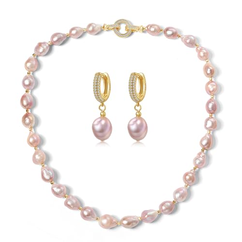 YAMI Barock Perlenkette set, Süßwasserperlenkette und Ohrringe Set