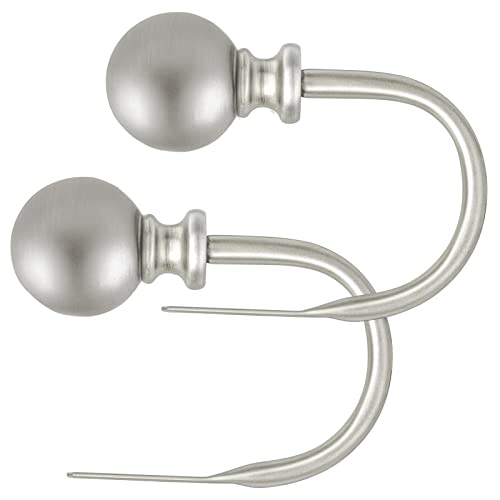 KAMANINA Curtain Holdbacks, Silver Curtain Tieback Hooks for Wall Mounted with Round Finials, Metal Window Treatment Holdbacks with Screws, Decorative Curtain Hooks for Drapes (1 Pair/2 Pack