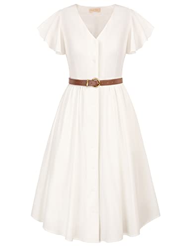 Belle Poque Damen Kleid Casual Kurzarm Knopfleiste mit Rüschen...