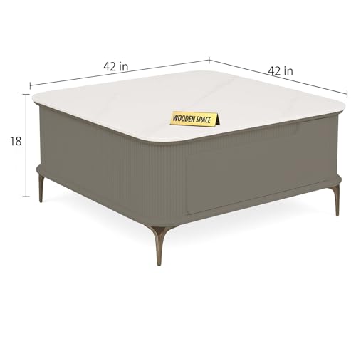 Image of WOODEN SPACE Premium Solo Marble-Top Wooden Center Table for Living Room | Iron Legs | PVD Coating | Modern Entryway Furniture | Coffee Table (Gray)