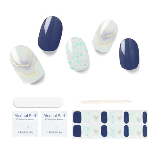 Semi Cured Gel Nail Strips, 20 pcs Gel Nail Stikers, Gel Nail Wraps Semi Cured, Salon-Quality, 2 Weeks Long Lasting Blue Dawn