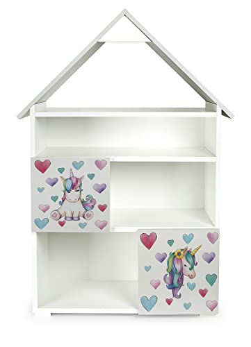 leomark libreria con 6 scomparti, dim. 80 x 32 x 117 cm, CAPANNA PICCOLA, casa delle bambole, bianco e grigio, armadio per bambini, per cameretta, scuola e asilo, libreria moderna, Unicorni