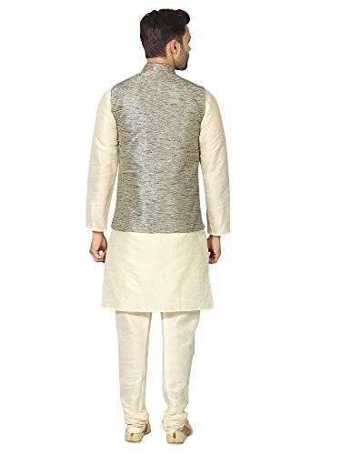Image of Uri and MacKenzie Men's Silk Blend Regular Kurta Churidar Pyjama with Bundi Nehru Jacket /Waistcoat