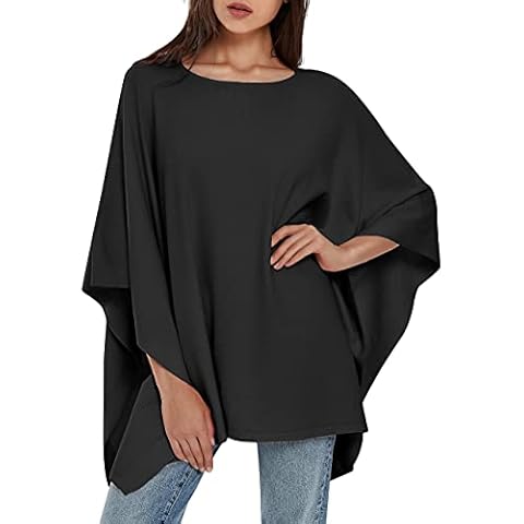 PULI Womens Pullover Poncho Sweater Ponchos Cashmere Feel Shawl Loose Fitting Shawl Wraps Baggy Tops for Fall Winter Black Cover