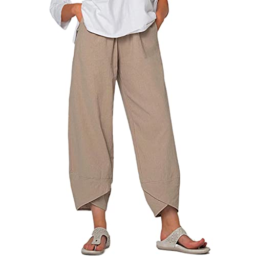 Women Summer Ninth Pants Solid Color Middle Waist Loose Casual Trousers with Pockets