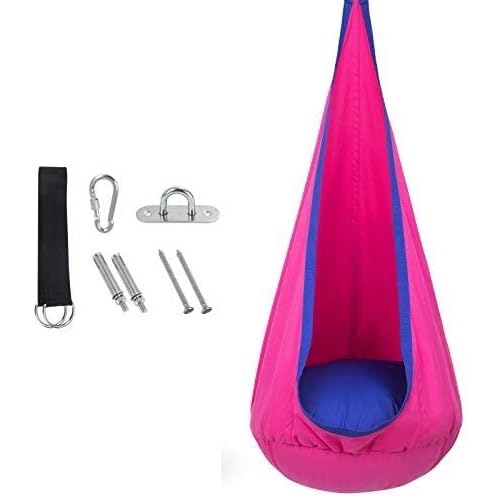Kids Pod Swing Chair, 63 x 27.5 Inches, Cotton Hanging Seat with Storage Pockets, 176 LBS Capacity, Blue and Green (Pink)