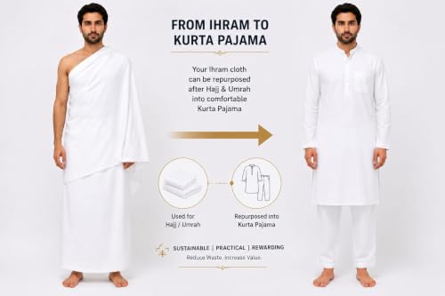 Image of LIMRA Premium Men's White Cotton Ihram Set for Hajj and Umrah | 2-Piece Quality Cloth | Free Size 46 inch X 92 inch - Divine Comfort! (Plain)