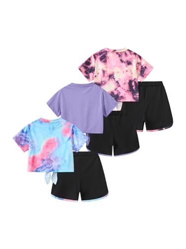Image of Girls 6 Piece Outfits Letter Print Vacation Tee Top and Dolphin Shorts Tracksuit Sets for Kids Sports, Casual, Dance