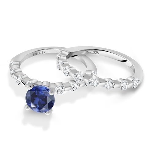 925 Sterling Silver Blue Created Sapphire and White Topaz Wedding Engagement Ring Band Bridal Set For Women (2.96 Cttw, Gemstone September Birthstone, Round 7MM, Available in Size 5,6,7,8,9)3