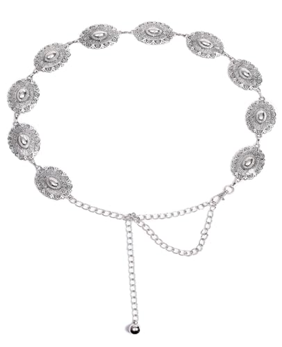 Pasuot Chain Concho Belts for Women - Metal Western Cowgirl Belts Adjustable Oval Conch Waist Belt Boho Vintage Country Belts