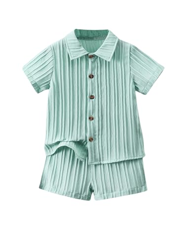 Image of SweatyRocks Boy's 2 Piece Summer Vacation Outfits Short Sleeve Collar Button Down Shirt and Shorts Clothing Set