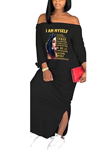 Image of Women's Casual Off Shoulder Maxi Dress - African Print Summer Loose Long Sleeve Tunic T Shirt Dresses with Pockets