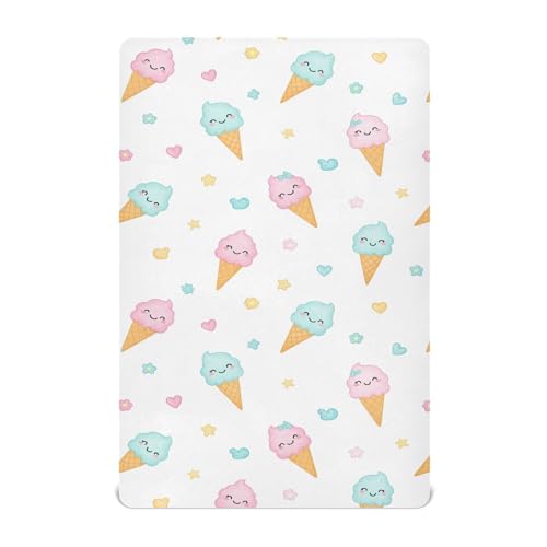 Image of Cone Ice Cream Hearts White Fitted Crib Sheet for Boys Girls Baby Breathable Crib Bedding Set for Standard Crib,52 X 28 in