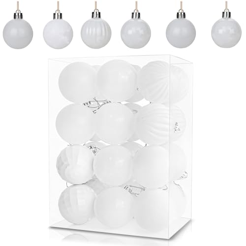 24Pcs White Baubles for Christmas Tree Decorations 60mm/2.36 Large Xmas Bauble Hanging Ball Christma Balls Ornaments with String Shatterproof White Christmas Baubles for Xmas Tree Holiday Party Decor